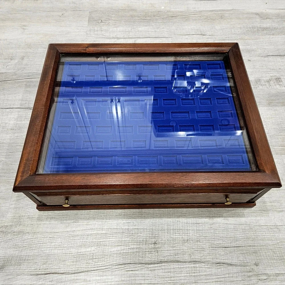 Jewelry Display Case Large Brown Wood Glass Removable 3 Tray Blue Velvet Storage